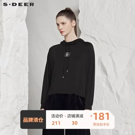 sdeer圣迪奥抽绳连帽字母胶印开衩插肩袖纯黑上衣S19360207图片