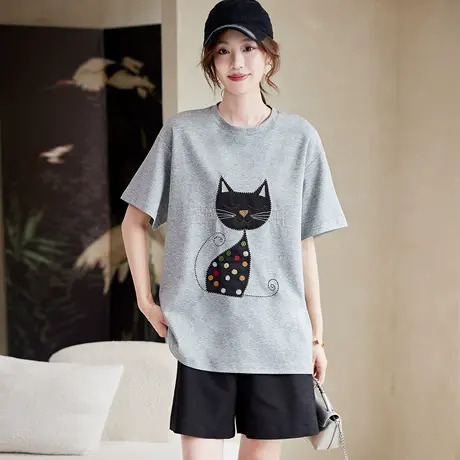 宝诗黎圆领刺绣棉质短袖T恤2025夏季韩版宽松大码休闲洋气上衣女图片