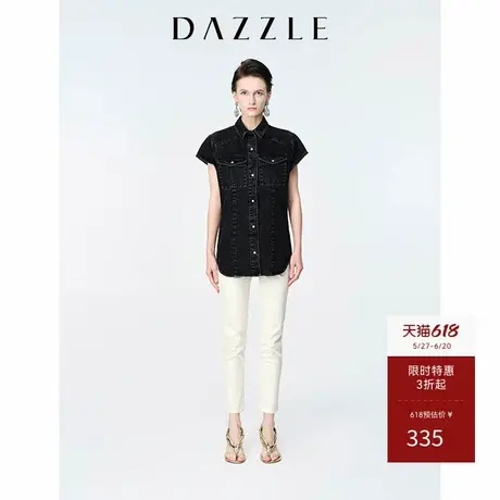 DAZZLE地素奥莱夏装小众黑色收腰小飞袖短袖牛仔衬衫上衣女图片