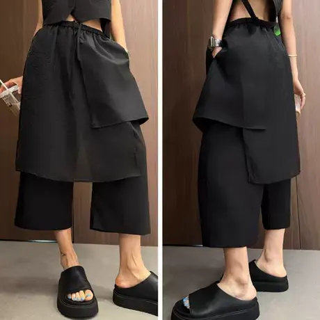 黑色轻纱拼接屁帘休闲裤女夏薄款大码显瘦小个子百搭直筒山本裙裤图片