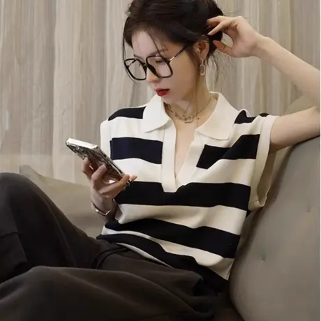 黑白条纹v领背心冰丝针织衫马甲女夏季薄款无袖坎肩POLO翻领上衣商品大图