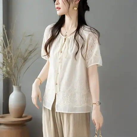 高级感法式女士衬衫夏季新款镂空棉质薄款气质显瘦龄洋气妈妈上衣图片