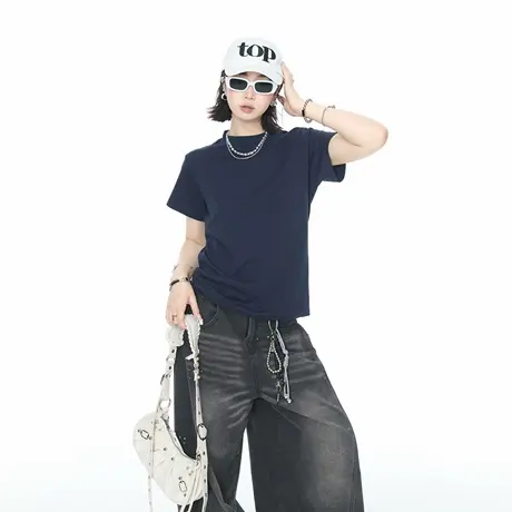 美式复古半高领短款纯色短袖t恤女夏季2025新款显瘦正肩上衣潮牌图片