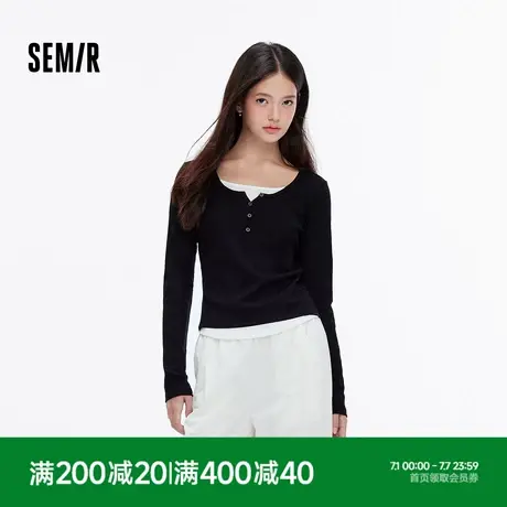 森马打底衫女修身显瘦内搭弧形下摆拼接假两件上衣秋季可外穿气质图片