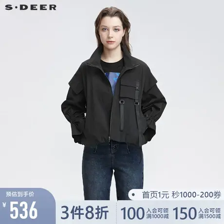 sdeer圣迪奥2022春季新款立领飘带抽绳拼接宽松外套女S22162204🔊商品大图