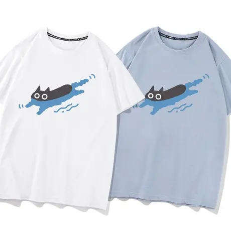 秀洛游泳黑猫 猫咪潜水落肩短袖T恤男透气休闲纯棉宽松打底衫体恤图片