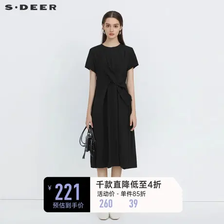 sdeer圣迪奥小黑裙秋装圆领立体裁剪黑色短袖连衣裙S223Z12V8商品大图