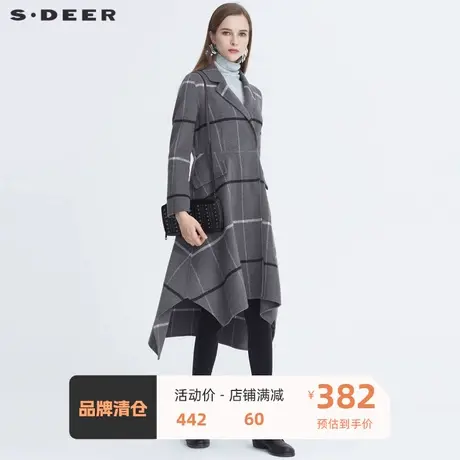 sdeer圣迪奥女装时尚平驳领格纹不规则毛呢大衣女冬外套S20481817🍾商品大图