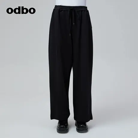 odbo/欧迪比欧原创设计黑色高腰阔腿裤秋冬女休闲宽松舒适运动裤图片