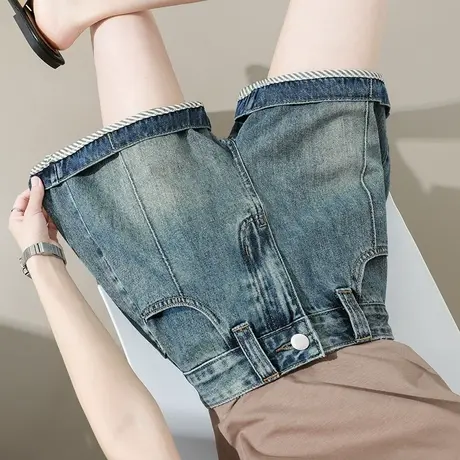 卷边五分牛仔短裤女夏季薄款高腰宽松显瘦a字复古条纹阔腿中裤子商品大图