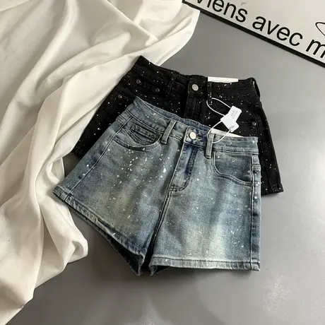 美式辣妹圆点高街复古牛仔短裤女春装甜酷风高腰百搭阔腿热裤子潮商品大图
