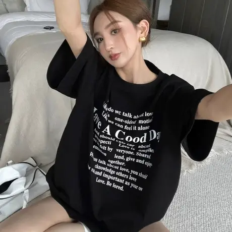 美式炸街字母短袖t恤女夏宽松大码胖mm宽松休闲半袖别致chic上衣商品大图