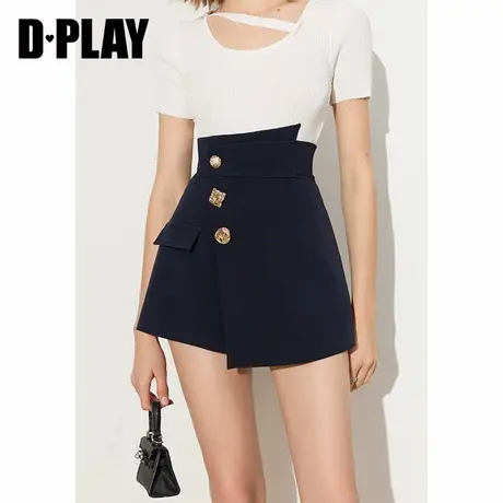DPLAY年夏新款经典藏青色不对称斜搭片高腰A字显瘦短裤图片