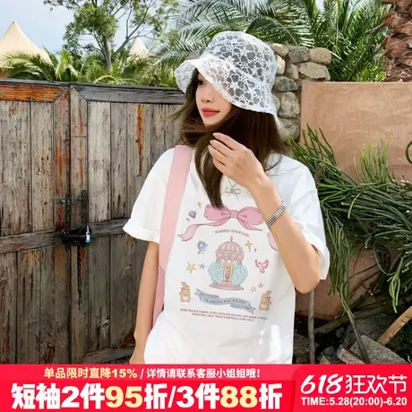 甜美风氛围感蝴蝶结印花白色正肩短袖t恤女夏季新款宽松纯棉上衣商品大图