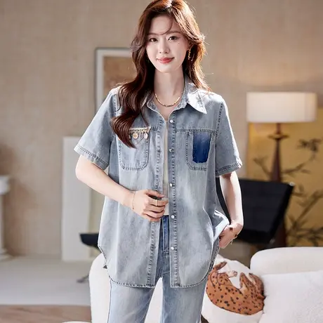 宝诗黎翻领亮片刺绣牛仔短袖衬衫2025夏季时尚休闲百搭宽松外套女图片