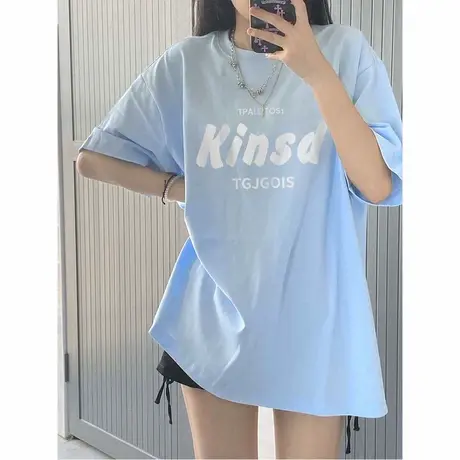 天蓝色oversize美式短袖t恤女2025纯棉夏季宽松大版复古小众上衣商品大图