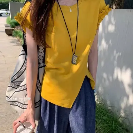 欧货木耳袖开叉短袖T恤女夏2025新款设计感后背系绳宽松休闲上衣商品大图