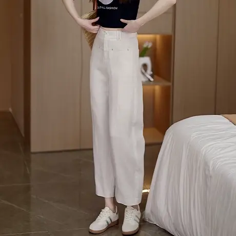 天丝亚麻九分弯刀阔腿裤女夏季薄款高腰显瘦休闲裤垂感窄版直筒裤商品大图