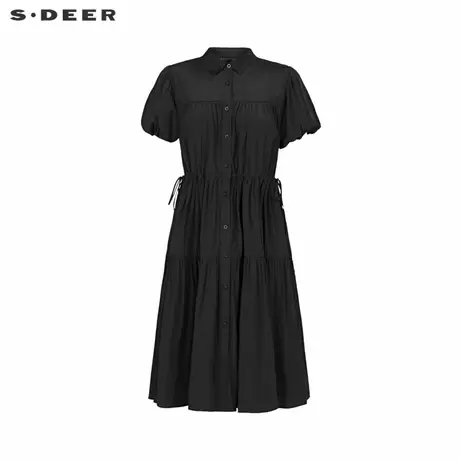 【商场同款】sdeer圣迪奥女装翻领碎褶收腰泡泡袖连衣裙S212T1206商品大图