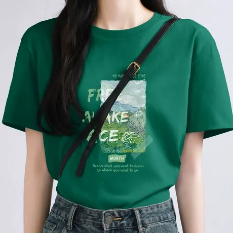 KWV真维斯绿色短袖t恤女2025夏独特超好看单穿上衣宽松独特印花商品大图