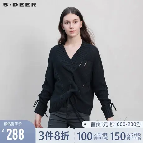 sdeer圣迪奥春季罗纹V领抽绳不规则黑色针织衫S21463522图片