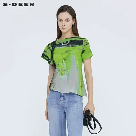 sdeer圣迪奥夏季上衣不规则领晕染印花显瘦短袖T恤女S21280160图片