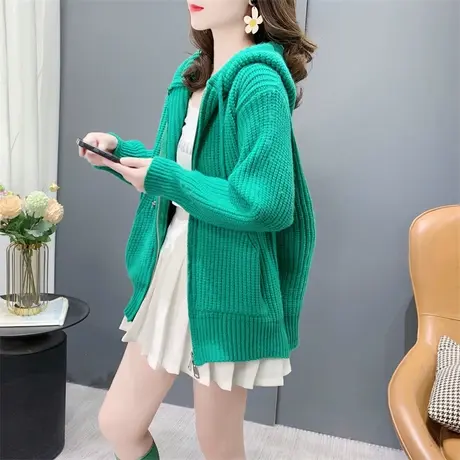 粗毛线连帽毛衣开衫女春季2024新款宽松加厚百搭洋气针织外套上衣商品大图