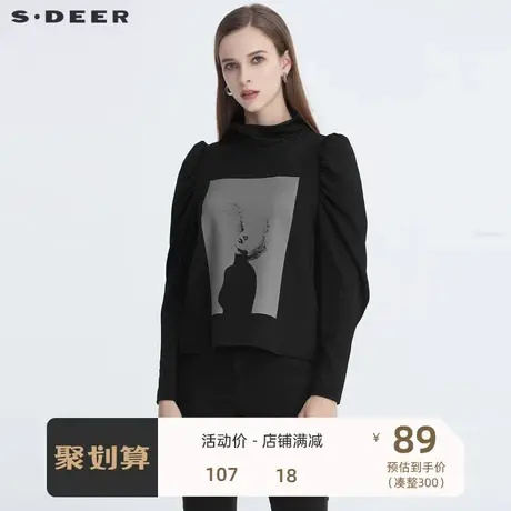 sdeer圣迪奥女装休闲立领抽褶印花黑色T恤打底衫女秋冬S20480216图片