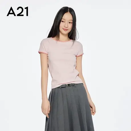 A21三色可选圆领撞色T恤简约设计感纯色短袖上衣商品大图