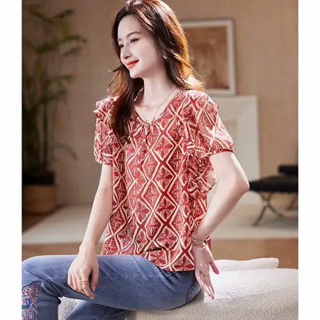 宝诗黎【新品价178元】圆领印花短袖雪纺衫AVR2025图片