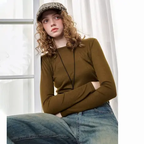 a02开衩软糯短款小个子长袖上衣2025春季纯色简约套头女式T恤图片