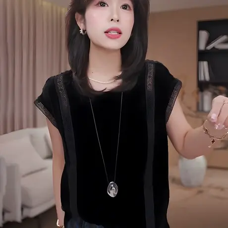 蕾丝拼接丝绒T恤女2025夏季宽松时尚圆领百搭设计感小众t恤上衣潮图片