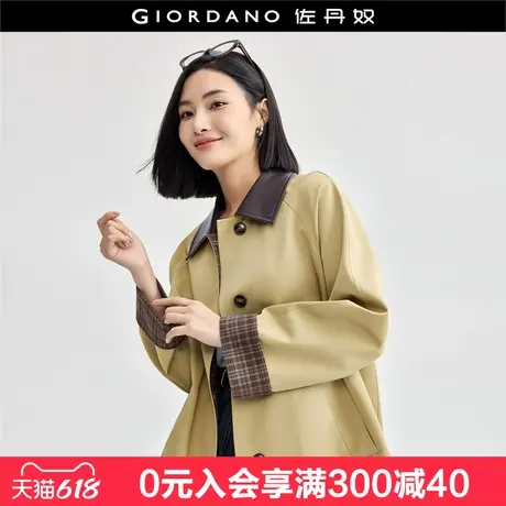 佐丹奴风衣外套女复古拼接皮翻领格子袖口插肩中长款夹克18374606商品大图