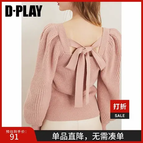 DPLAY早秋新款温柔甜美蝴蝶结粉色针织衫复古方领慵懒风上衣商品大图