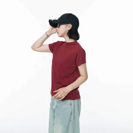 圆领宽松短袖T恤女夏季新款正肩短款修身显瘦美式甜辣风半袖上衣商品大图