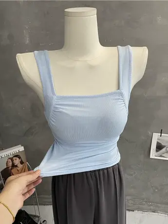 甜系纯欲～方领吊带背心女外穿褶皱短款修身上衣内搭夏季新2023商品大图