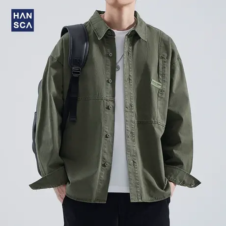 hansca日系纯棉工装衬衫男长袖秋季绿色复古潮流翻领宽松休闲外套商品大图