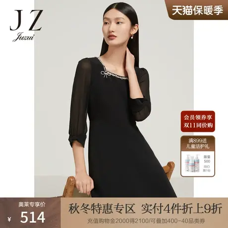 JZ玖姿轻礼服珍珠小黑裙女装2022秋季新款复古法式方领收腰连衣裙商品大图