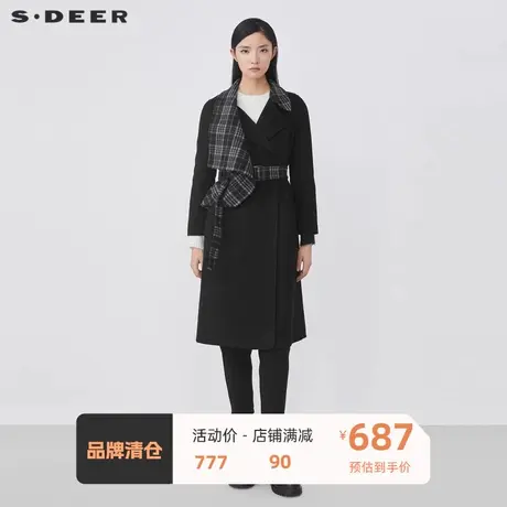 sdeer圣迪奥女装时尚西装领格纹拼接收腰毛呢大衣S21481846🌜商品大图