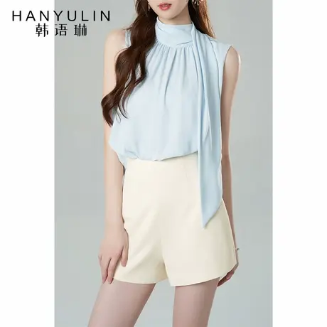 挂脖上衣女2025新款夏季爆款设计感小众短款宽松显瘦蓝色小衫衬衫商品大图