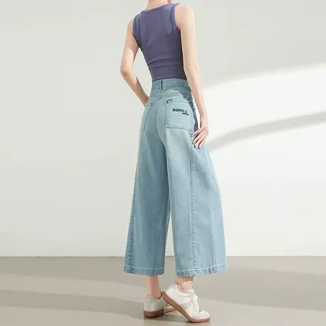 牛仔裤女夏季薄款高腰字母宽松直筒八九分小个子显瘦垂感阔腿裤子商品大图