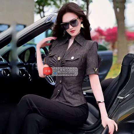 VJE夏季欧美风气质通勤穿搭女士衬衫2025新款小众褶皱短袖上衣图片