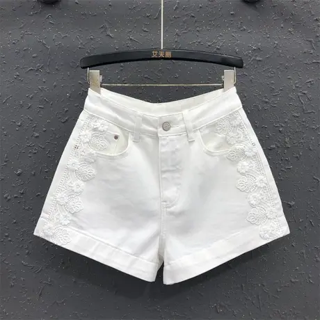 美式休闲2025夏季新款白色蕾丝设计感时尚高腰显瘦a字牛仔短裤女图片