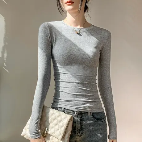 圆领纯色长袖T恤女2025春季新款修身简约正肩上衣别致内搭打底衫图片