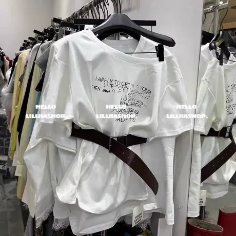 韩国东大门夏新款美式印花字母配腰带宽松斜领露肩短袖T恤女上衣商品大图