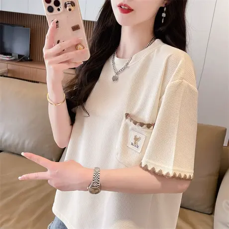 华夫格短袖t恤女夏季韩版宽松大码设计感小众小个子半袖拼接上衣图片