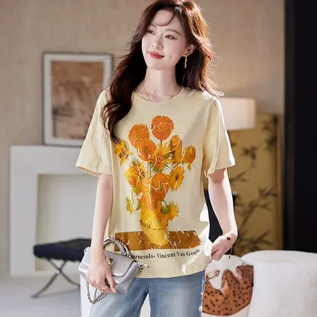 宝诗黎圆领印花棉质短袖T恤2025夏季韩版休闲简约宽松百搭上衣女图片