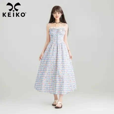 KEIKO 温柔蓝格子露背吊带连衣裙夏日度假蕾丝花边樱桃小碎花长裙商品大图