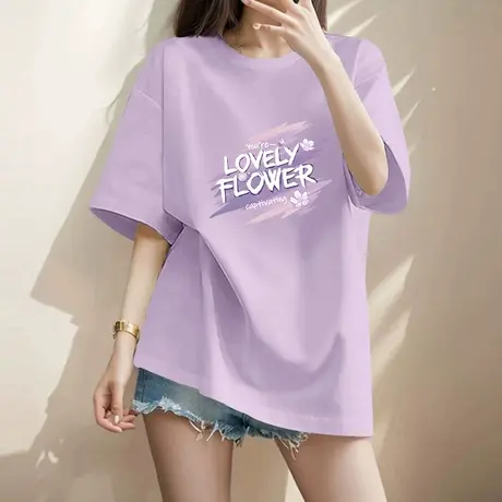NOB真维斯紫色宽松纯棉短袖t恤女2025新款夏季正肩青少年上衣半袖商品大图