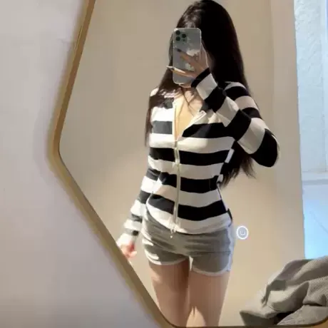 韩版春秋新款慵懒感薄款条纹卫衣百搭简约松弛感拉链连帽长袖T恤图片